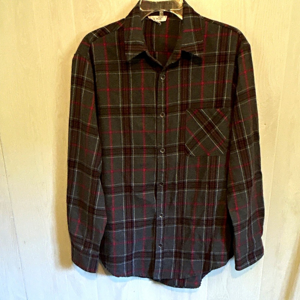 la miel women large gray red Plaid Flannel Long Sleeve Button Up Pockets